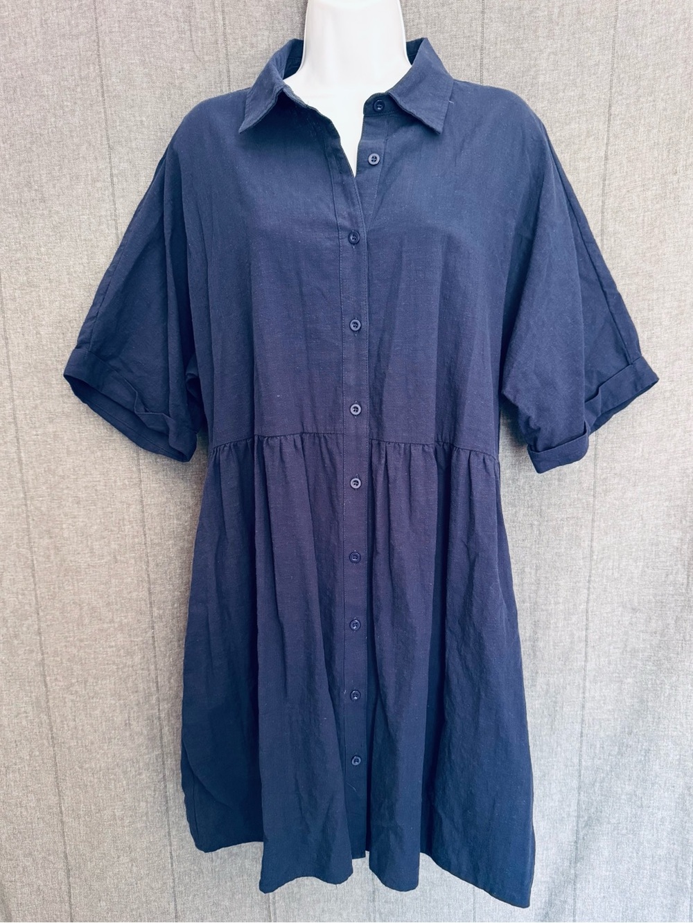 Flax Cotton Navy Button Up Shirt Dress Lagenlook XL Pockets Bohemian Tunic Midi